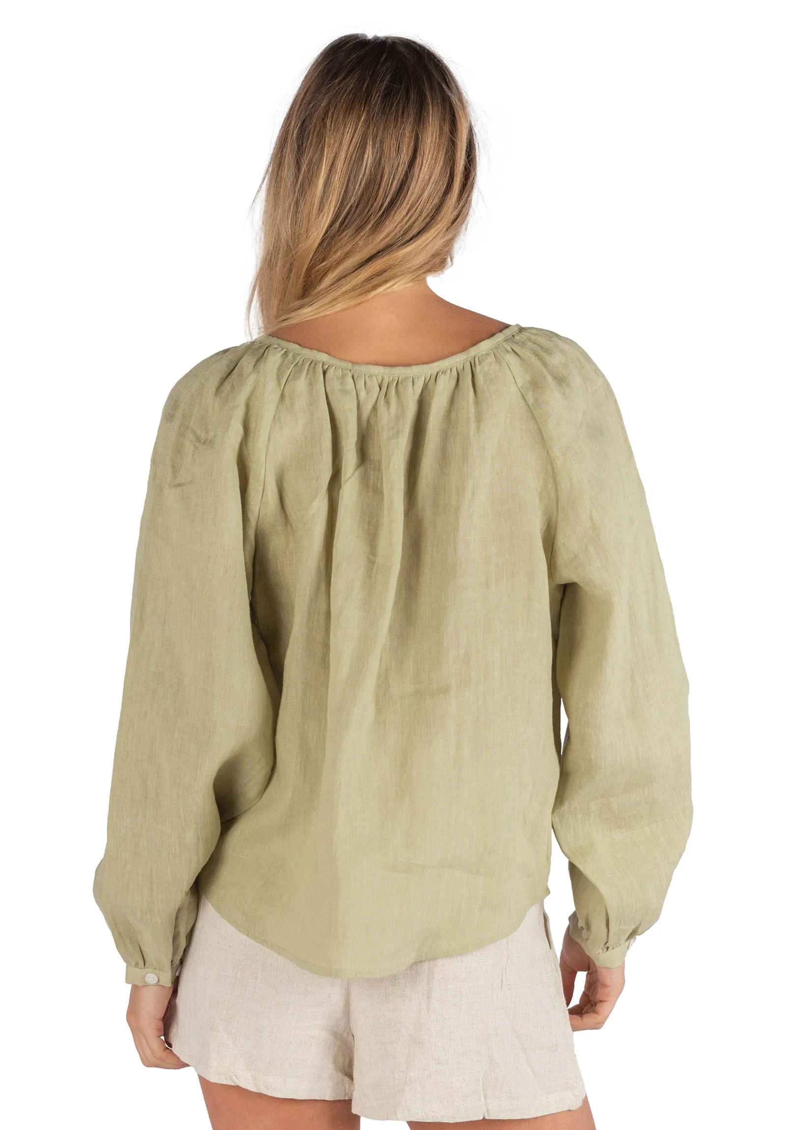 Poem Sage Green Peasant Linen Blouse