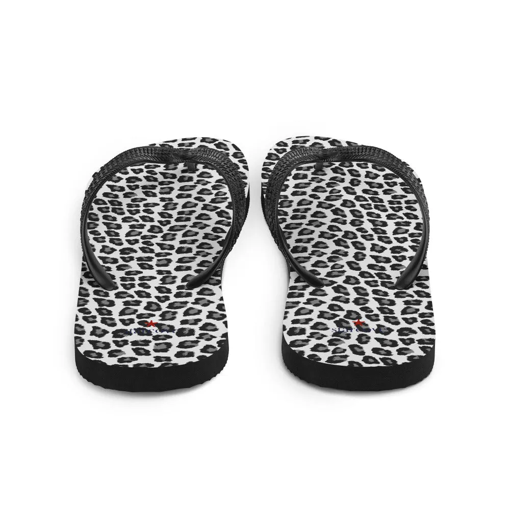 Snow Leopard Flip Flops, Animal Print Black White Comfortable Footwear Thong Sandals Summer Woman Men Beach Print Rubber Slip On Shoes