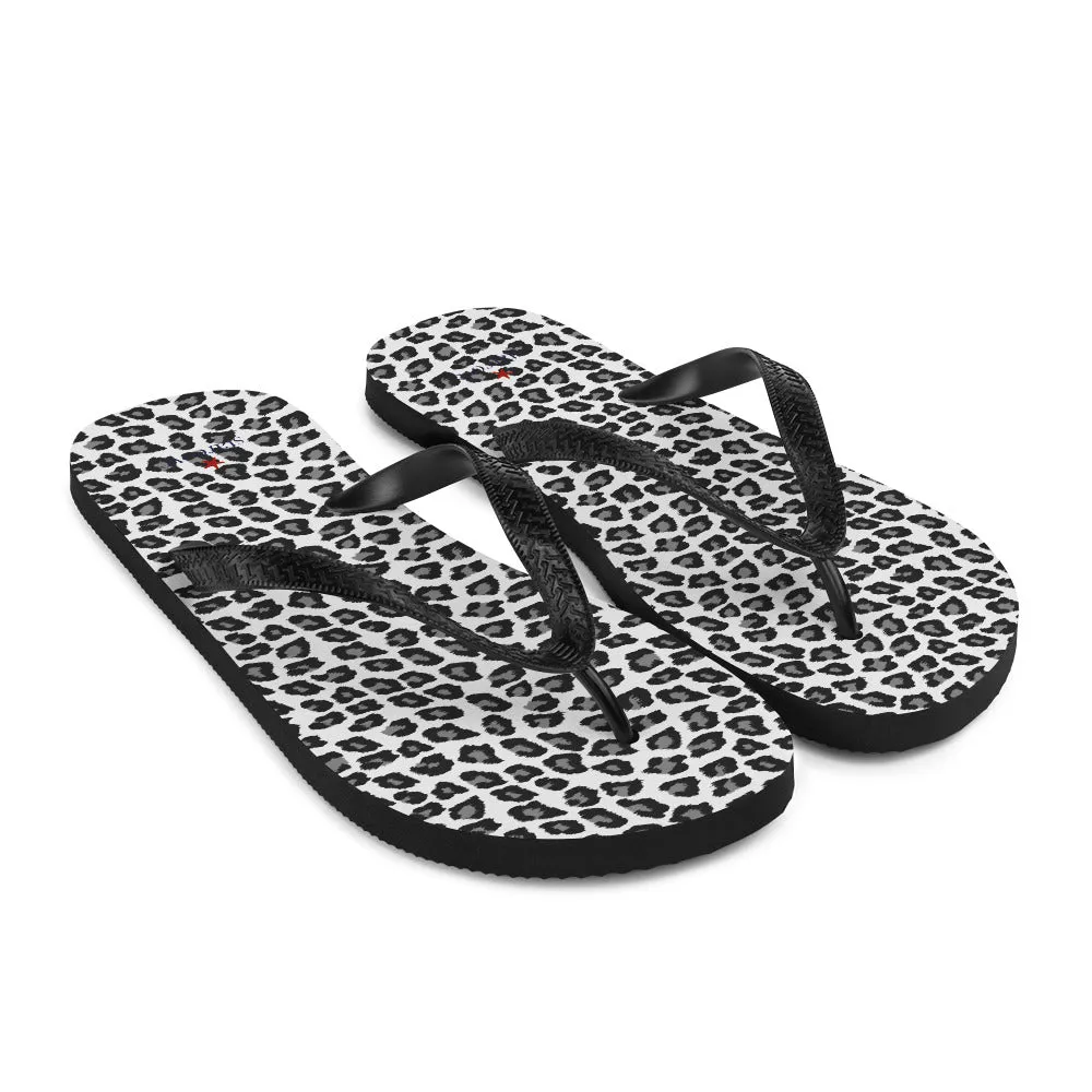 Snow Leopard Flip Flops, Animal Print Black White Comfortable Footwear Thong Sandals Summer Woman Men Beach Print Rubber Slip On Shoes