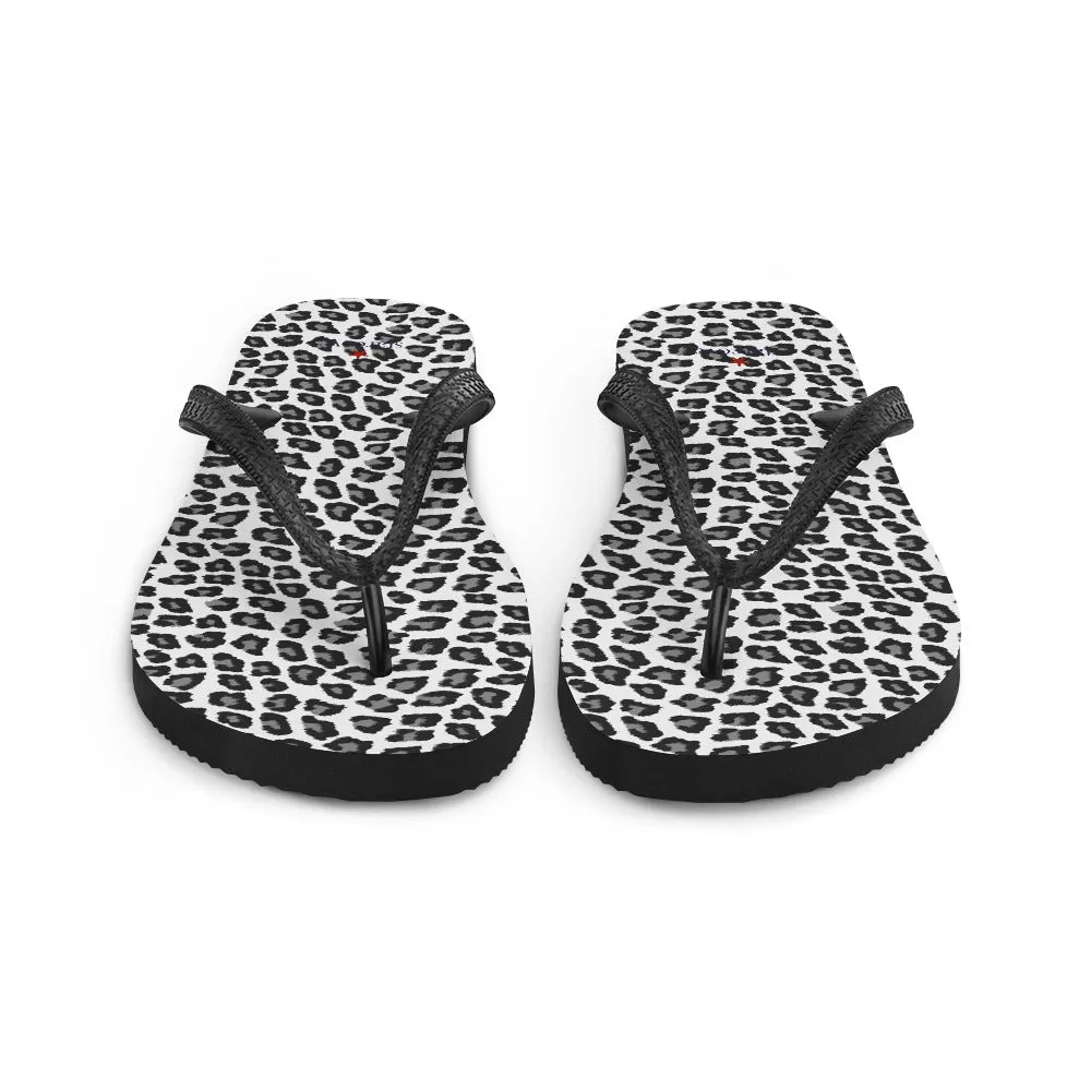 Snow Leopard Flip Flops, Animal Print Black White Comfortable Footwear Thong Sandals Summer Woman Men Beach Print Rubber Slip On Shoes