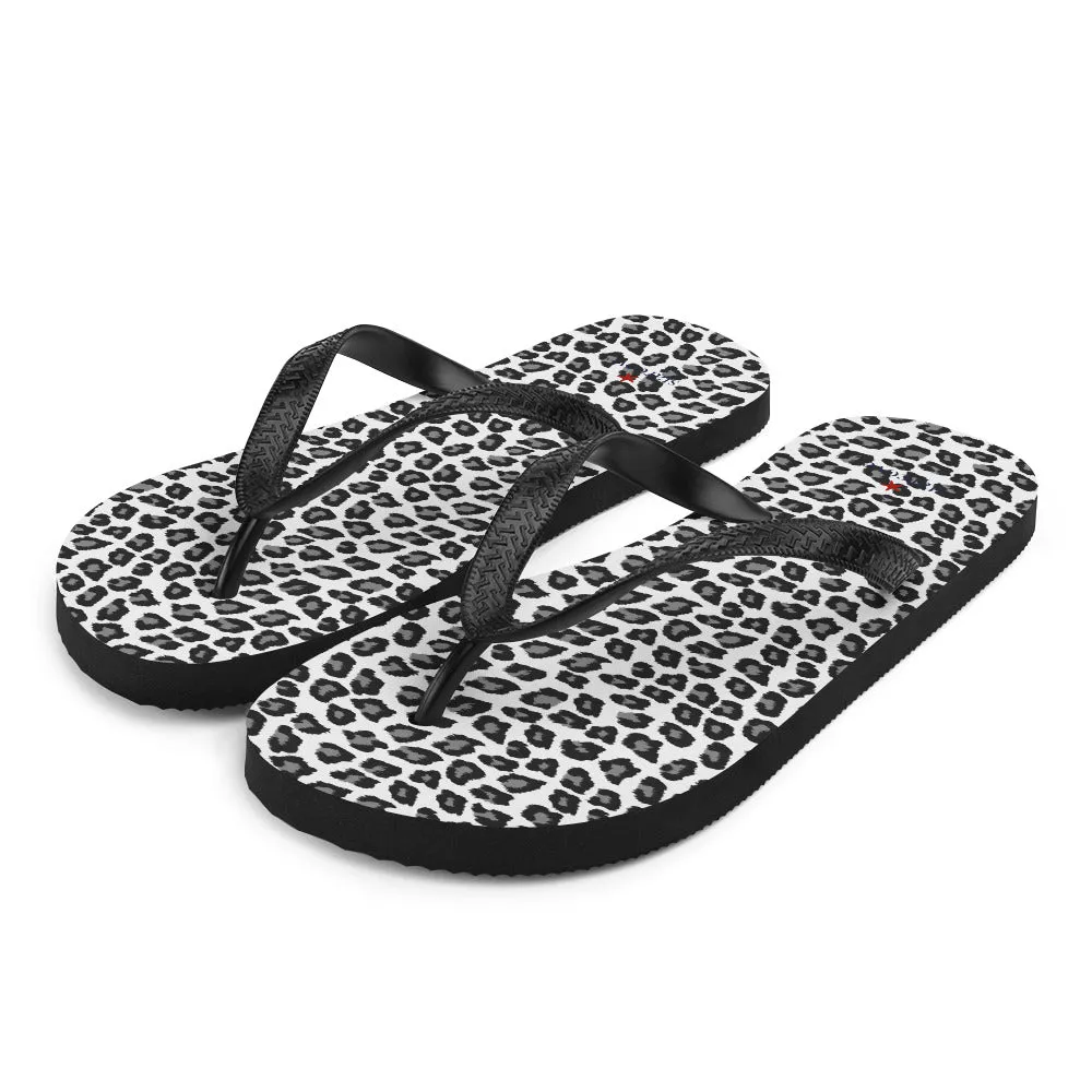 Snow Leopard Flip Flops, Animal Print Black White Comfortable Footwear Thong Sandals Summer Woman Men Beach Print Rubber Slip On Shoes