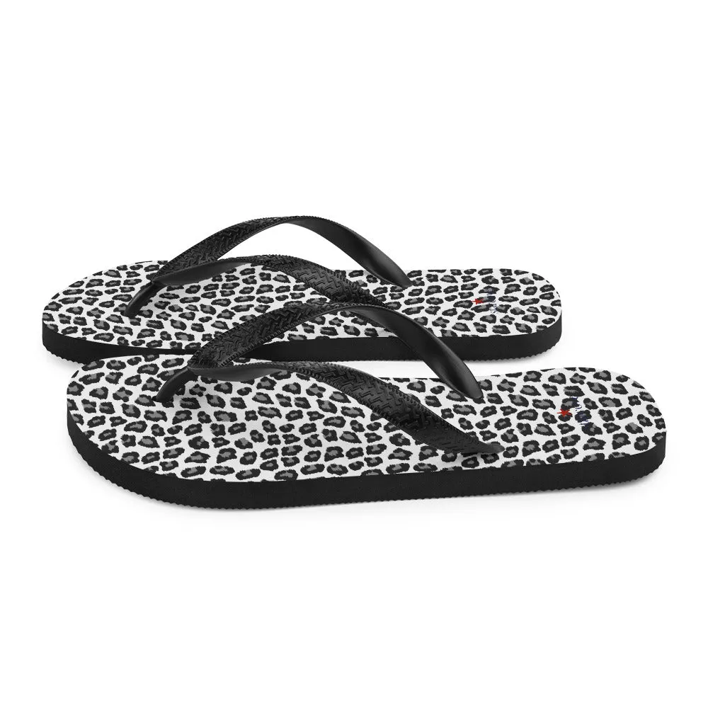 Snow Leopard Flip Flops, Animal Print Black White Comfortable Footwear Thong Sandals Summer Woman Men Beach Print Rubber Slip On Shoes