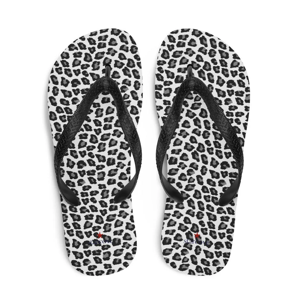 Snow Leopard Flip Flops, Animal Print Black White Comfortable Footwear Thong Sandals Summer Woman Men Beach Print Rubber Slip On Shoes