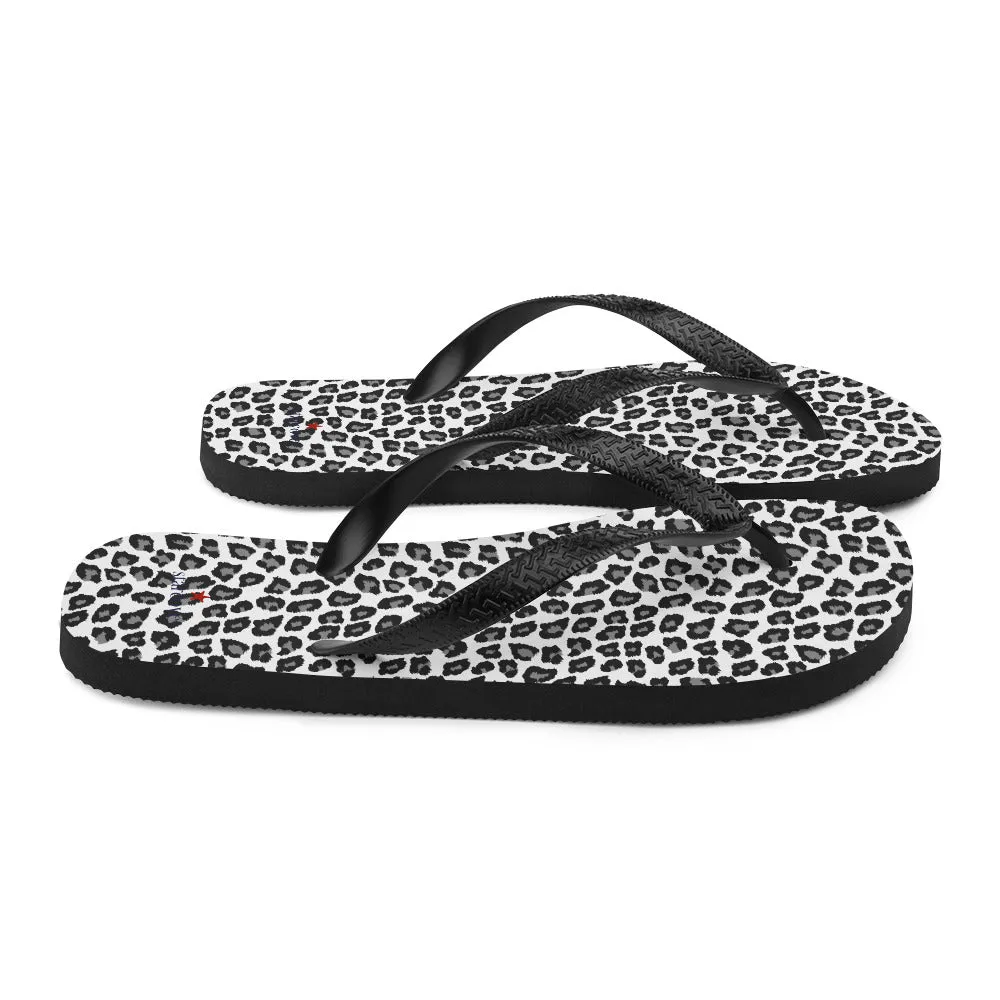 Snow Leopard Flip Flops, Animal Print Black White Comfortable Footwear Thong Sandals Summer Woman Men Beach Print Rubber Slip On Shoes