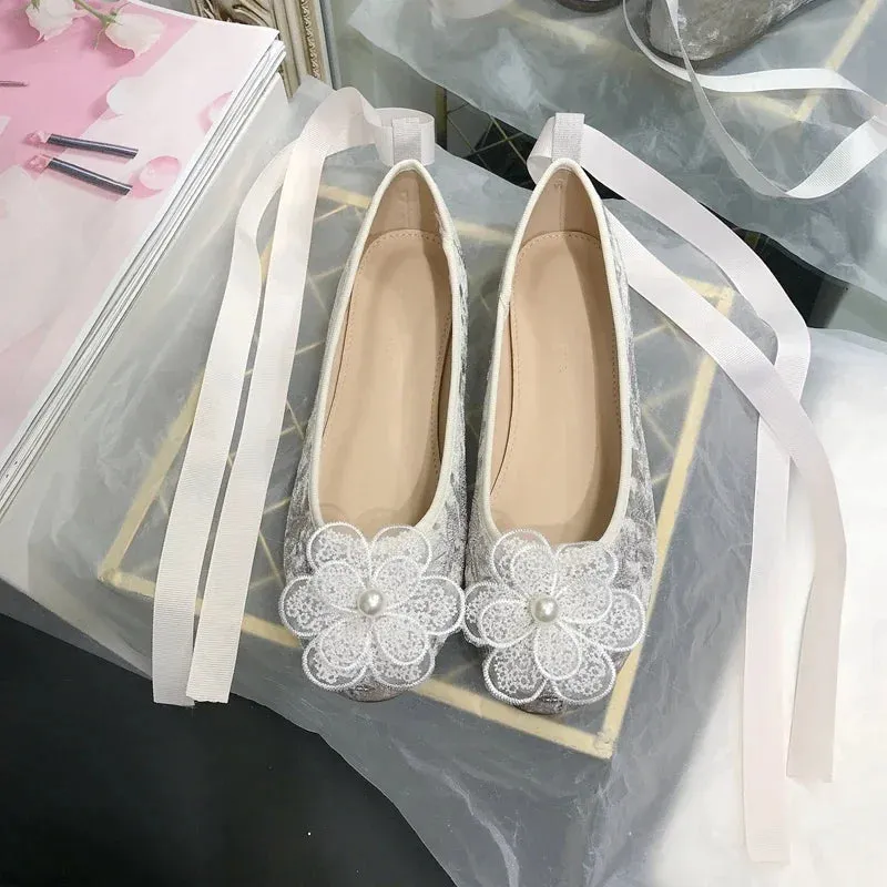 Sohiwoo Lace Flower Ankle Strap Ballet Shoes Flock Embroidery Lace Up Ballet Shoes Women Round Toe Women Flats Elegant Valentine Shoes