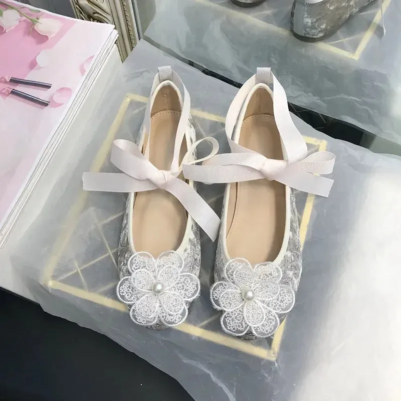 Sohiwoo Lace Flower Ankle Strap Ballet Shoes Flock Embroidery Lace Up Ballet Shoes Women Round Toe Women Flats Elegant Valentine Shoes