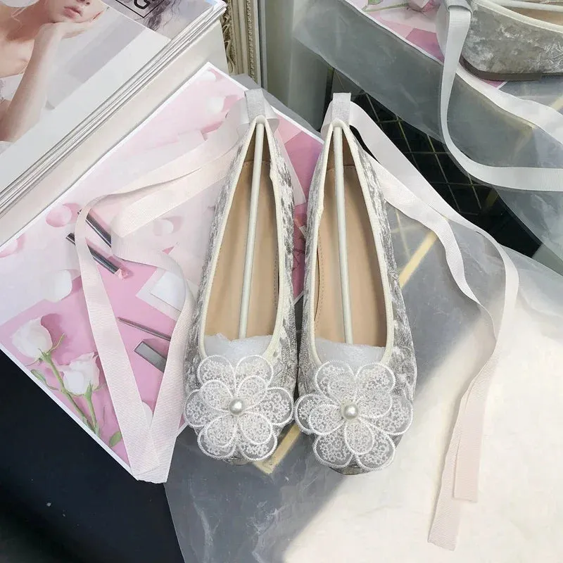 Sohiwoo Lace Flower Ankle Strap Ballet Shoes Flock Embroidery Lace Up Ballet Shoes Women Round Toe Women Flats Elegant Valentine Shoes