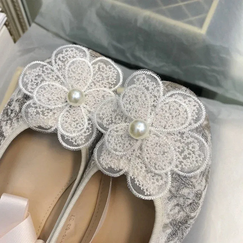 Sohiwoo Lace Flower Ankle Strap Ballet Shoes Flock Embroidery Lace Up Ballet Shoes Women Round Toe Women Flats Elegant Valentine Shoes