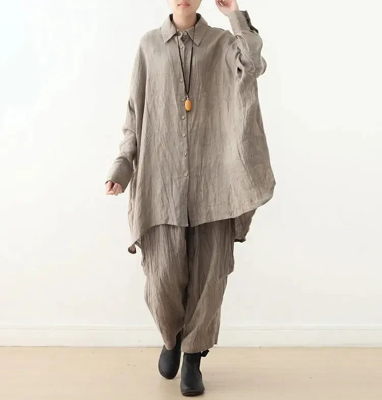 Summer Blouse for Women Grey Linen Long Sleeve Blouse