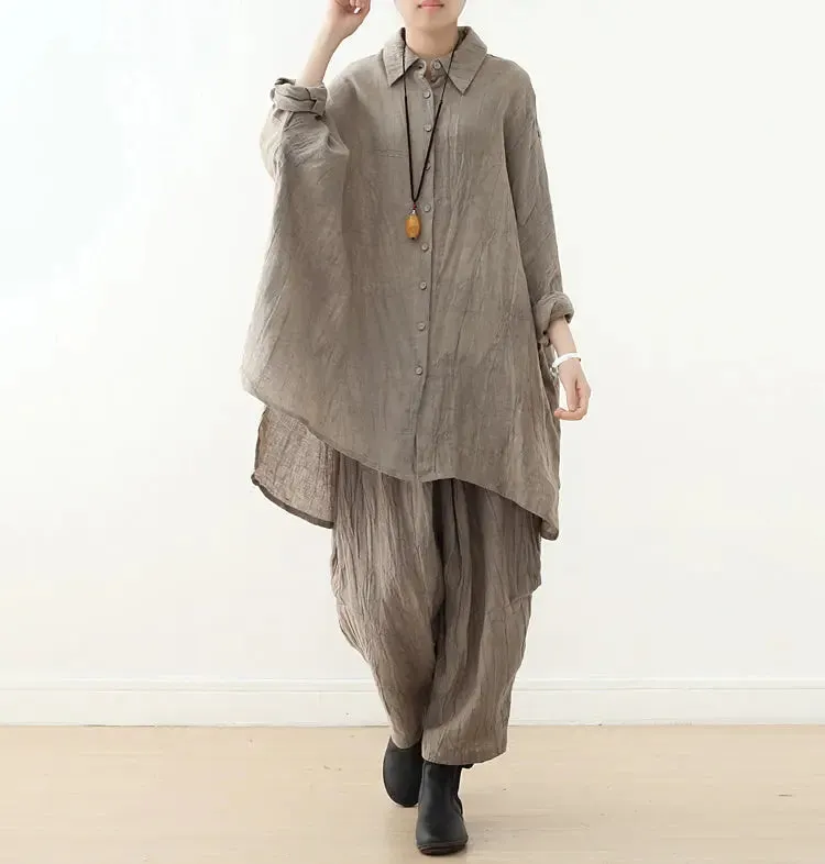 Summer Blouse for Women Grey Linen Long Sleeve Blouse