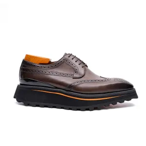 Thick-soled calfskin formal brogue derby shoes coffee