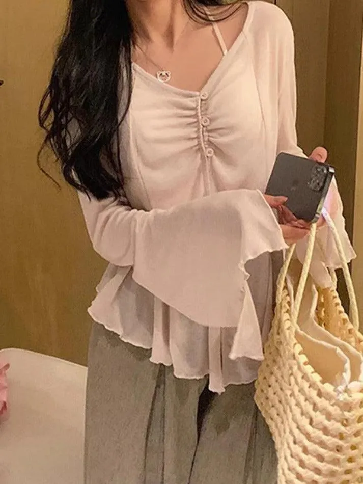 Uniwim ootd V Neck Split Flare Sleeve Long Sleeve Blouse