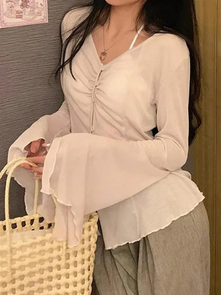 Uniwim ootd V Neck Split Flare Sleeve Long Sleeve Blouse