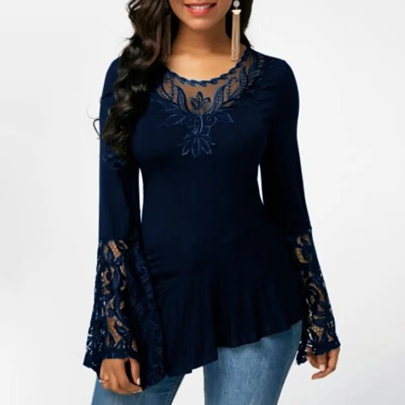 Wome lace flower long sleeve irregular hem sexy tops