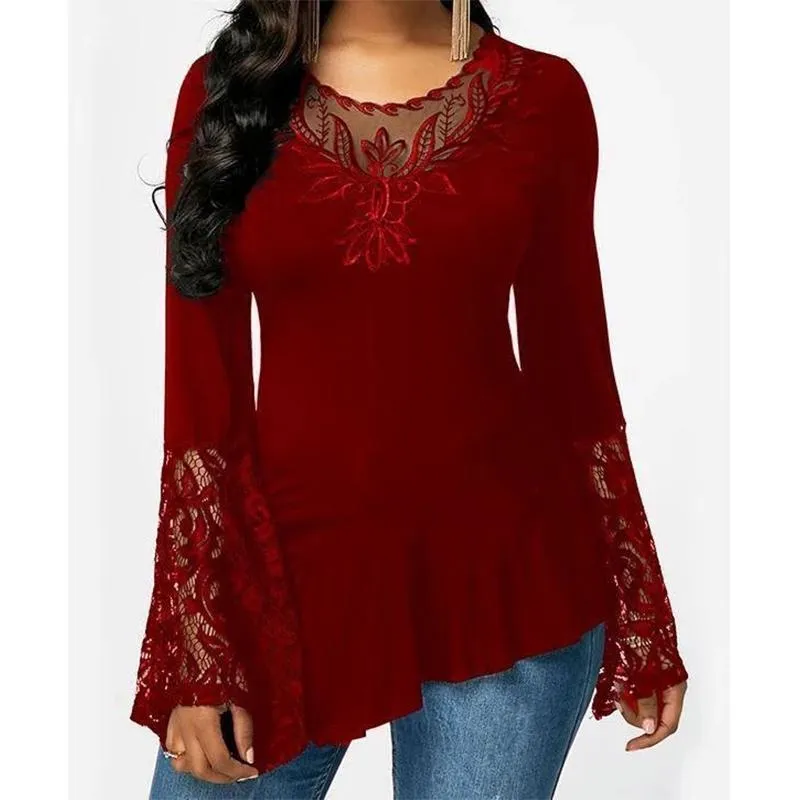 Wome lace flower long sleeve irregular hem sexy tops