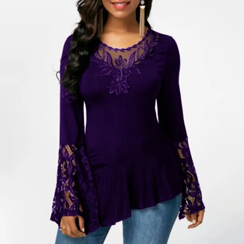 Wome lace flower long sleeve irregular hem sexy tops