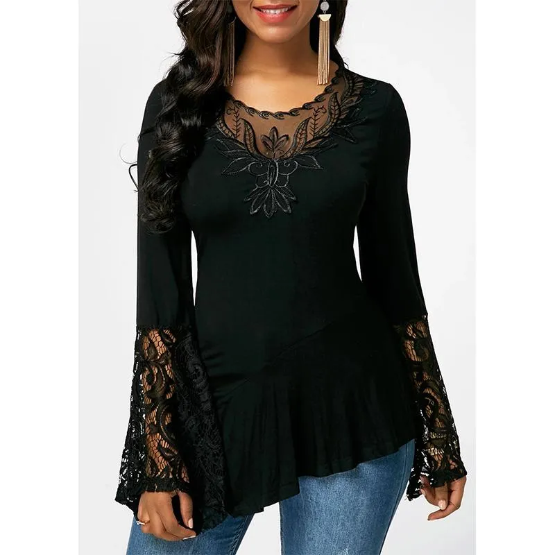 Wome lace flower long sleeve irregular hem sexy tops