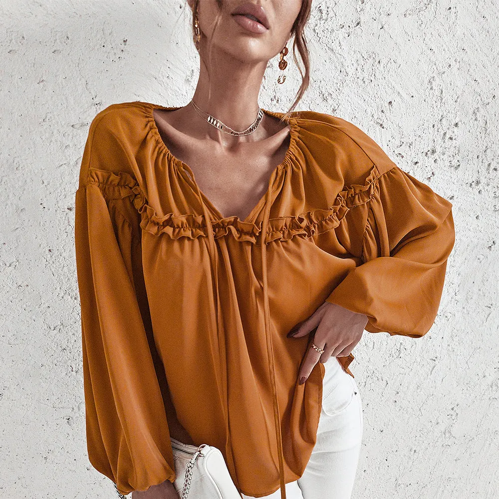 Women’s Ruffled V-Neck Blouse – Boho Chic in Caramel