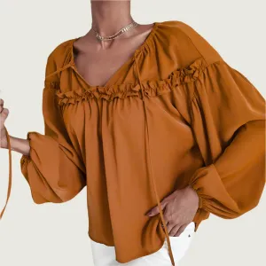 Women’s Ruffled V-Neck Blouse – Boho Chic in Caramel